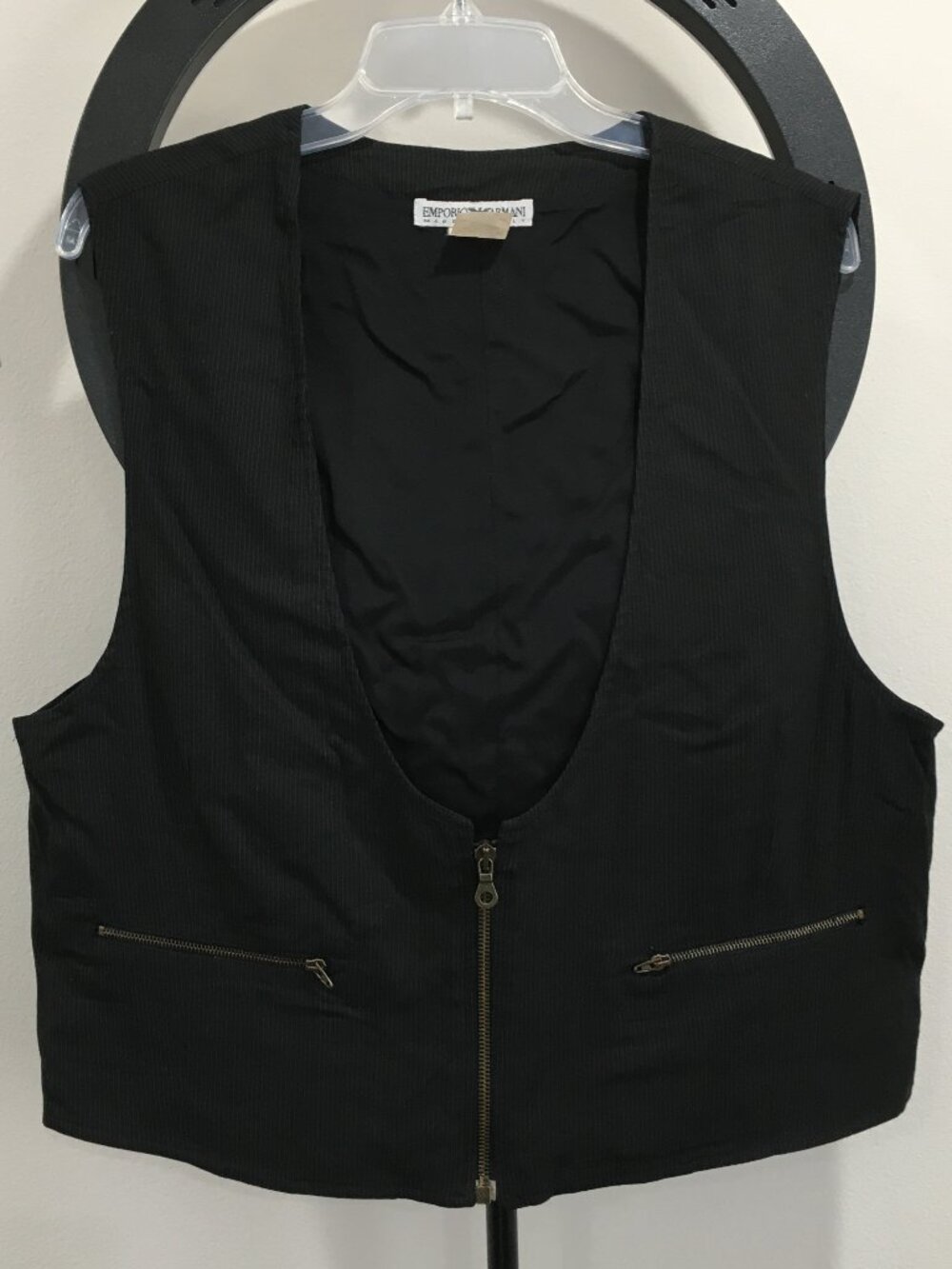 EMPORIO ARMANI Italy Black Blue Gray Pinstriped Zip Pockets Lined Vest